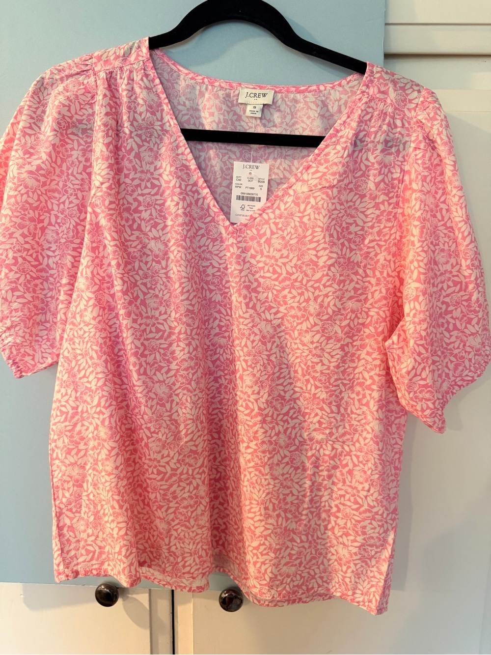 J. Crew Pink and White Leaf Print V-Neck Top
